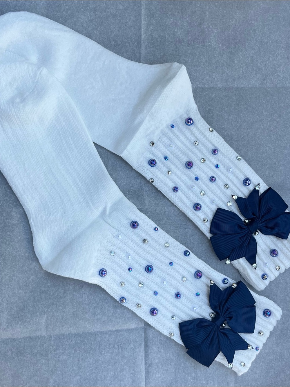 Women's Customized White Embellished Knee-High Socks with Navy Bow NWOT